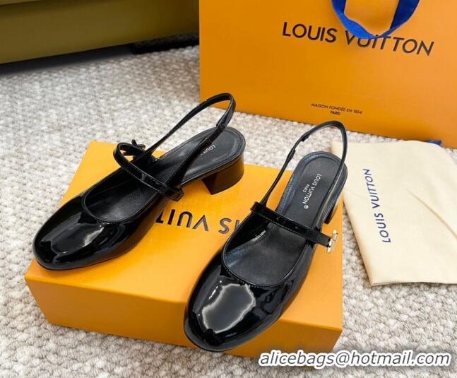 Grade Quality Louis Vuitton Romy Slingback Pumps 3.5cm in Patent Leather Black 606168