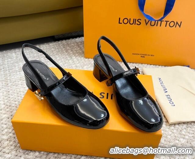 Grade Quality Louis Vuitton Romy Slingback Pumps 3.5cm in Patent Leather Black 606168