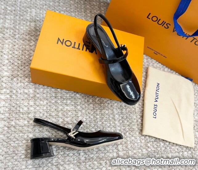 Grade Quality Louis Vuitton Romy Slingback Pumps 3.5cm in Patent Leather Black 606168