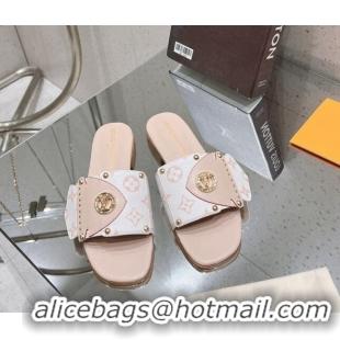 Good Quality Louis Vuitton LV Frame Flat Slide Sandals in Monogram Dune Canavs with Studs Beige 606175