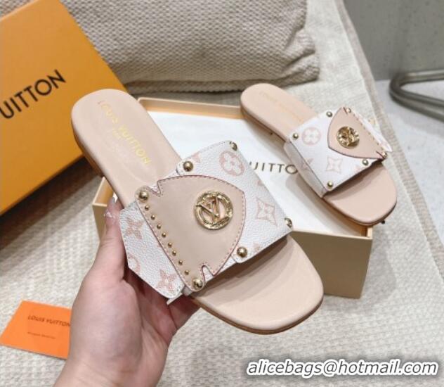 Good Quality Louis Vuitton LV Frame Flat Slide Sandals in Monogram Dune Canavs with Studs Beige 606175