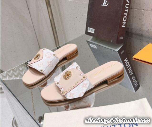 Good Quality Louis Vuitton LV Frame Flat Slide Sandals in Monogram Dune Canavs with Studs Beige 606175