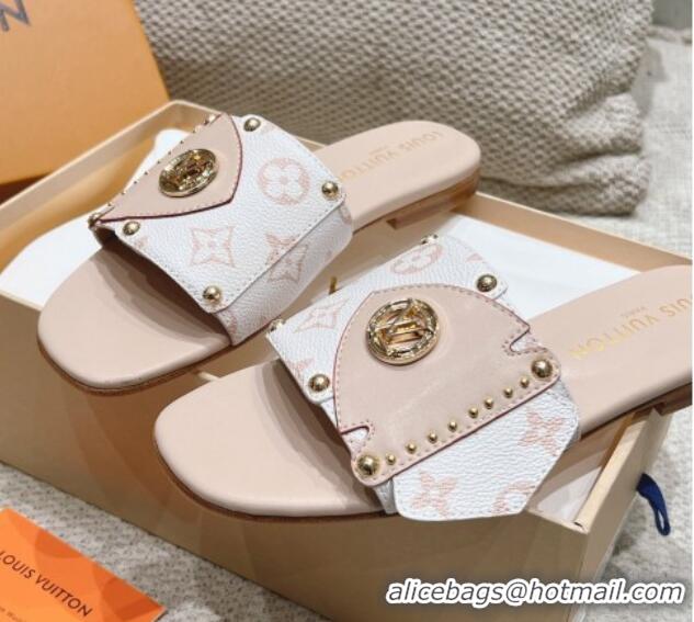 Good Quality Louis Vuitton LV Frame Flat Slide Sandals in Monogram Dune Canavs with Studs Beige 606175