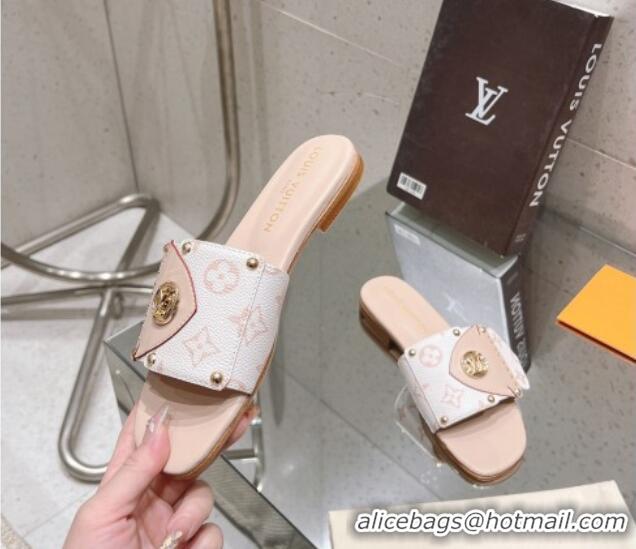 Good Quality Louis Vuitton LV Frame Flat Slide Sandals in Monogram Dune Canavs with Studs Beige 606175