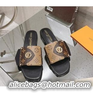 Pretty Style Louis Vuitton LV Frame Flat Slide Sandals in Monogram Dune Canavs with Studs Brown 606176