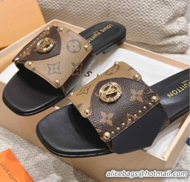 Pretty Style Louis Vuitton LV Frame Flat Slide Sandals in Monogram Dune Canavs with Studs Brown 606176