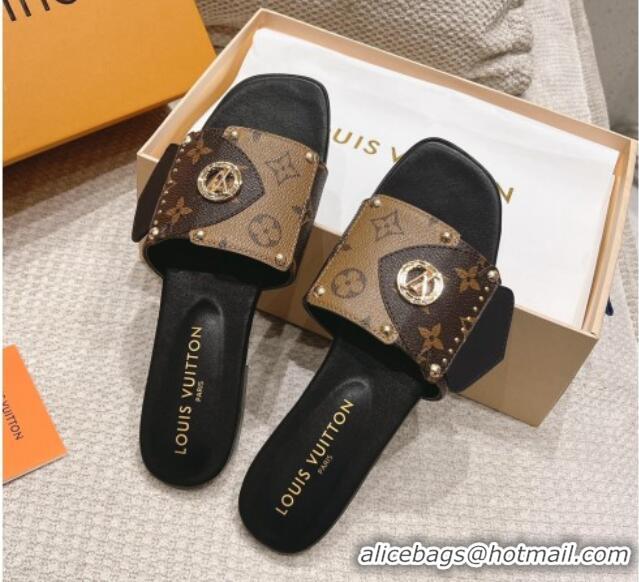 Pretty Style Louis Vuitton LV Frame Flat Slide Sandals in Monogram Dune Canavs with Studs Brown 606176