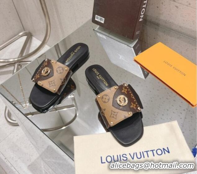 Pretty Style Louis Vuitton LV Frame Flat Slide Sandals in Monogram Dune Canavs with Studs Brown 606176