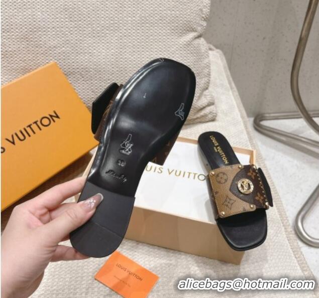 Pretty Style Louis Vuitton LV Frame Flat Slide Sandals in Monogram Dune Canavs with Studs Brown 606176