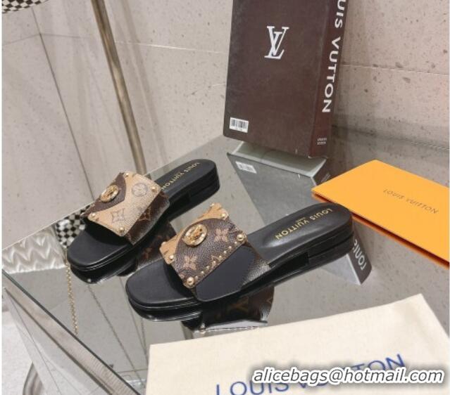 Pretty Style Louis Vuitton LV Frame Flat Slide Sandals in Monogram Dune Canavs with Studs Brown 606176