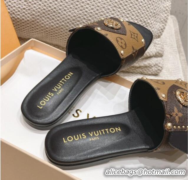 Pretty Style Louis Vuitton LV Frame Flat Slide Sandals in Monogram Dune Canavs with Studs Brown 606176