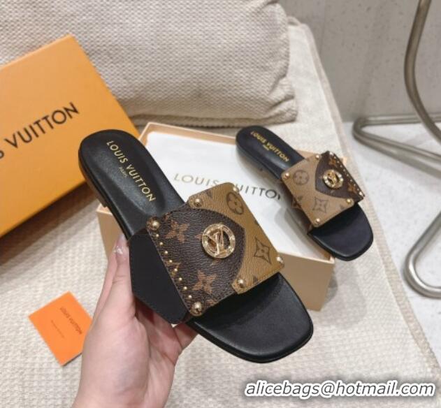 Pretty Style Louis Vuitton LV Frame Flat Slide Sandals in Monogram Dune Canavs with Studs Brown 606176