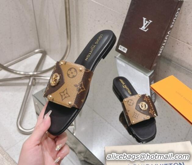 Pretty Style Louis Vuitton LV Frame Flat Slide Sandals in Monogram Dune Canavs with Studs Brown 606176