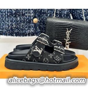 Good Looking Louis Vuitton LV Flat Slide Sandals in Monogram Denim with Strap Black 606177