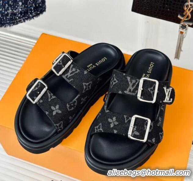 Good Looking Louis Vuitton LV Flat Slide Sandals in Monogram Denim with Strap Black 606177