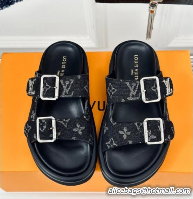 Good Looking Louis Vuitton LV Flat Slide Sandals in Monogram Denim with Strap Black 606177