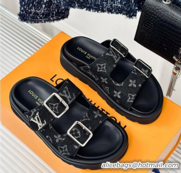 Good Looking Louis Vuitton LV Flat Slide Sandals in Monogram Denim with Strap Black 606177