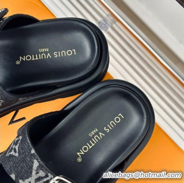 Good Looking Louis Vuitton LV Flat Slide Sandals in Monogram Denim with Strap Black 606177