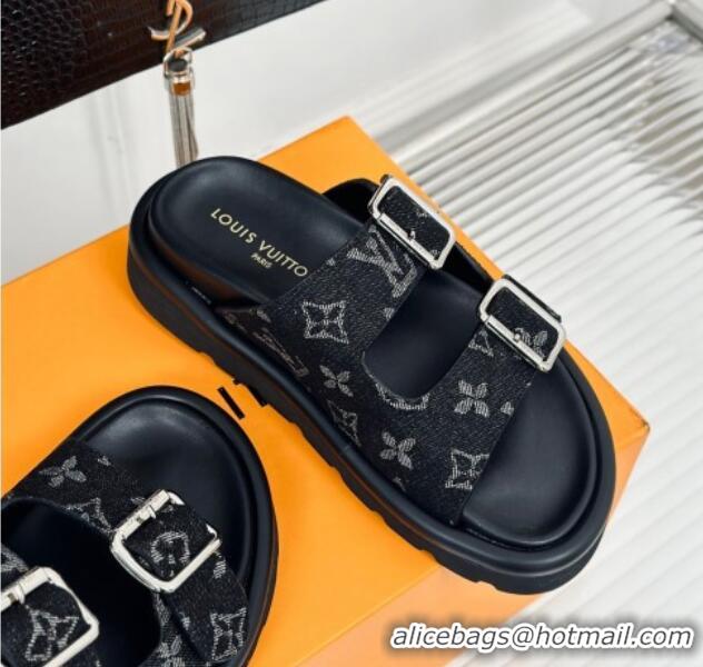 Good Looking Louis Vuitton LV Flat Slide Sandals in Monogram Denim with Strap Black 606177