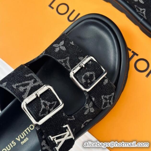 Good Looking Louis Vuitton LV Flat Slide Sandals in Monogram Denim with Strap Black 606177