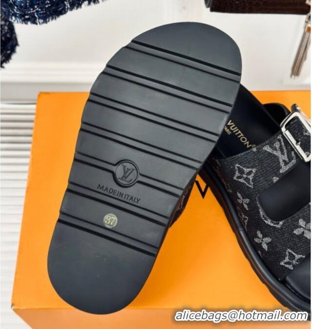 Good Looking Louis Vuitton LV Flat Slide Sandals in Monogram Denim with Strap Black 606177