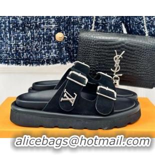 Best Product Louis Vuitton LV Flat Slide Sandals in Black Suede with Strap 606178