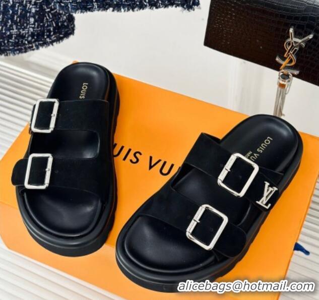 Best Product Louis Vuitton LV Flat Slide Sandals in Black Suede with Strap 606178