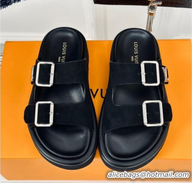 Best Product Louis Vuitton LV Flat Slide Sandals in Black Suede with Strap 606178