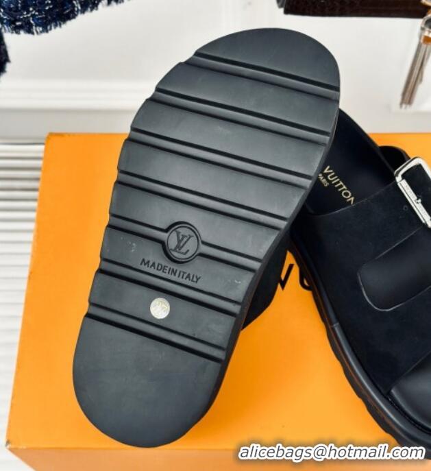 Best Product Louis Vuitton LV Flat Slide Sandals in Black Suede with Strap 606178