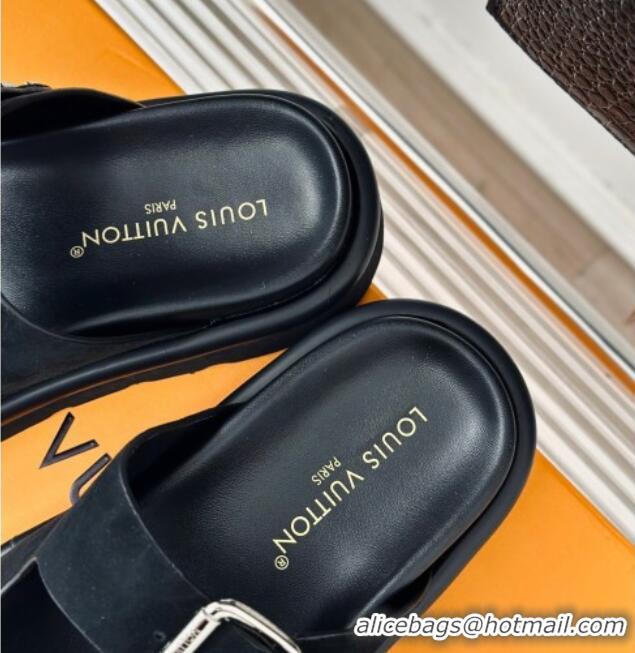 Best Product Louis Vuitton LV Flat Slide Sandals in Black Suede with Strap 606178