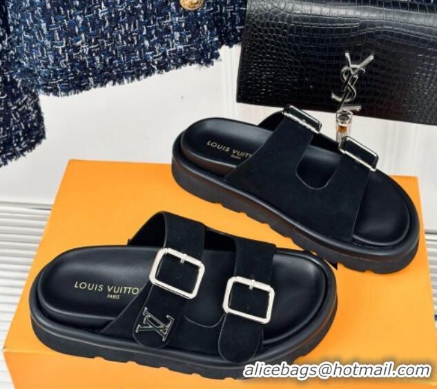 Best Product Louis Vuitton LV Flat Slide Sandals in Black Suede with Strap 606178