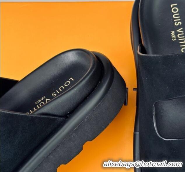 Best Product Louis Vuitton LV Flat Slide Sandals in Black Suede with Strap 606178