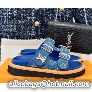 Grade Quality Louis Vuitton LV Flat Slide Sandals in Monogram Denim with Strap Blue 606179