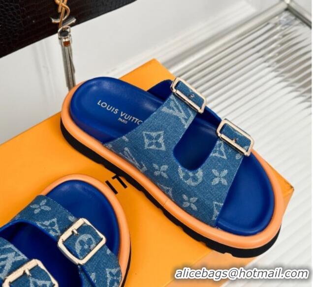 Grade Quality Louis Vuitton LV Flat Slide Sandals in Monogram Denim with Strap Blue 606179