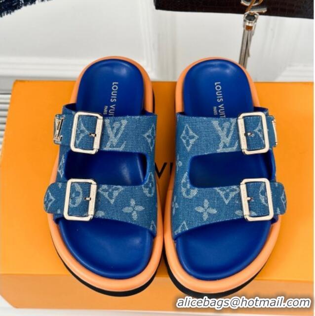 Grade Quality Louis Vuitton LV Flat Slide Sandals in Monogram Denim with Strap Blue 606179