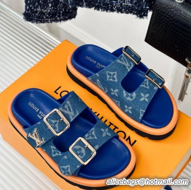 Grade Quality Louis Vuitton LV Flat Slide Sandals in Monogram Denim with Strap Blue 606179