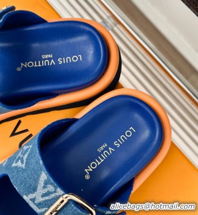 Grade Quality Louis Vuitton LV Flat Slide Sandals in Monogram Denim with Strap Blue 606179