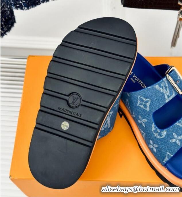 Grade Quality Louis Vuitton LV Flat Slide Sandals in Monogram Denim with Strap Blue 606179