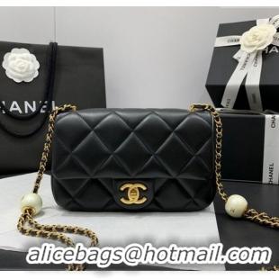 Free Shipping Chanel Lambskin Small Flap Bag with Pearls Chain AS4861 Black 2024