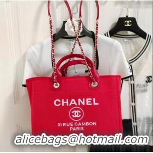 Pretty Style Chanel Deauville Cotton & Calfskin Medium Shopping Bag AS2007 Red 2024