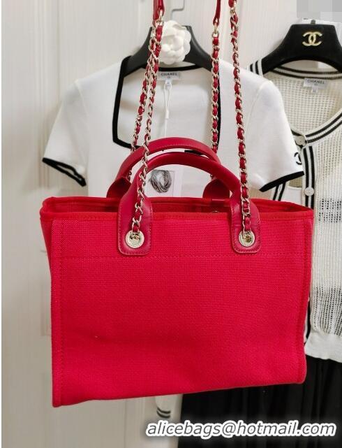 Pretty Style Chanel Deauville Cotton & Calfskin Medium Shopping Bag AS2007 Red 2024