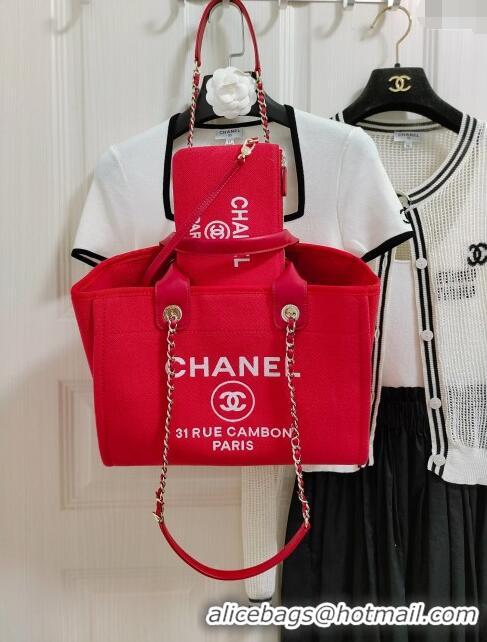 Pretty Style Chanel Deauville Cotton & Calfskin Medium Shopping Bag AS2007 Red 2024