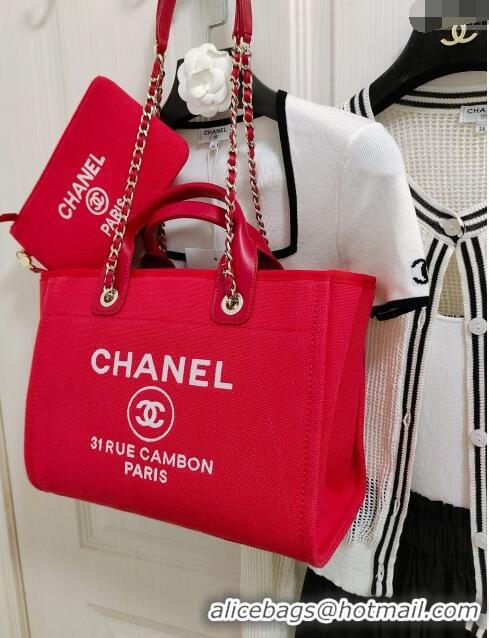 Pretty Style Chanel Deauville Cotton & Calfskin Medium Shopping Bag AS2007 Red 2024