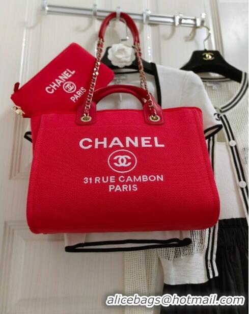 Pretty Style Chanel Deauville Cotton & Calfskin Medium Shopping Bag AS2007 Red 2024