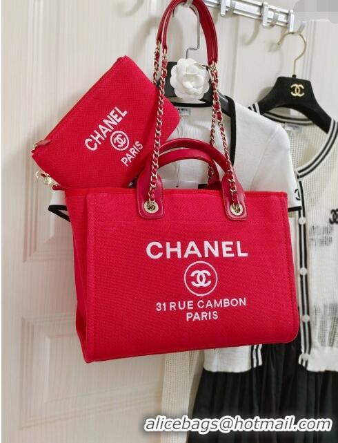 Pretty Style Chanel Deauville Cotton & Calfskin Medium Shopping Bag AS2007 Red 2024