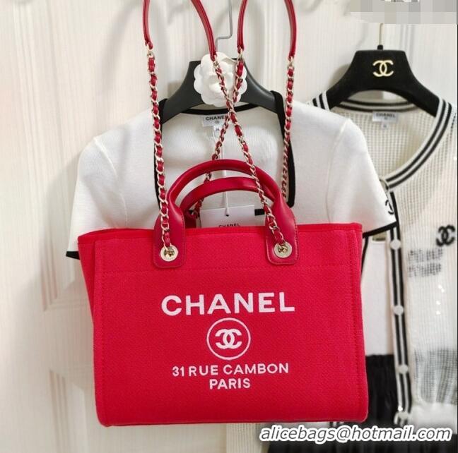 Pretty Style Chanel Deauville Cotton & Calfskin Medium Shopping Bag AS2007 Red 2024