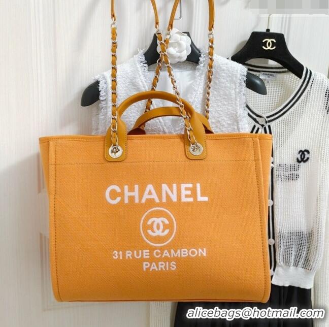 Shop Promotional Chanel Deauville Cotton & Calfskin Large Shopping Bag AS2008 Orange 2024