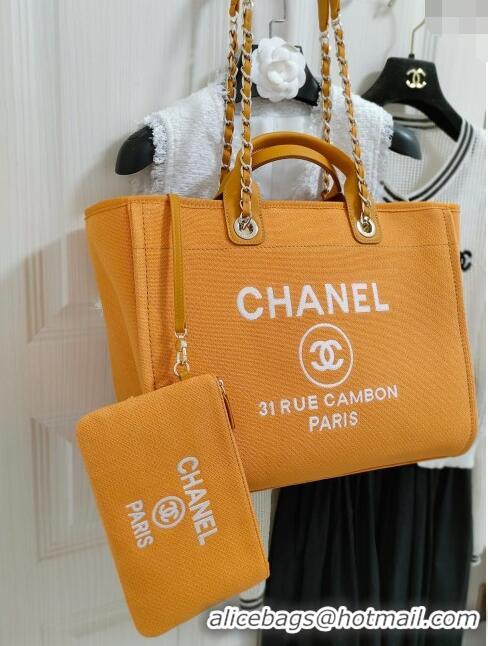 Shop Promotional Chanel Deauville Cotton & Calfskin Large Shopping Bag AS2008 Orange 2024