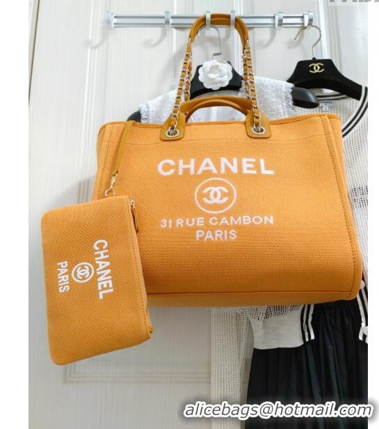 Shop Promotional Chanel Deauville Cotton & Calfskin Large Shopping Bag AS2008 Orange 2024