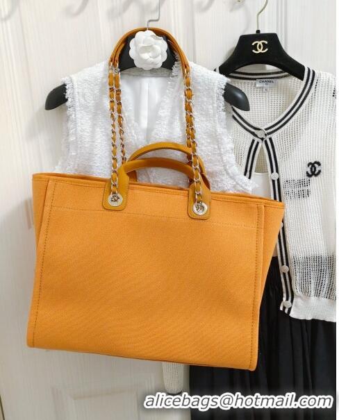 Shop Promotional Chanel Deauville Cotton & Calfskin Large Shopping Bag AS2008 Orange 2024